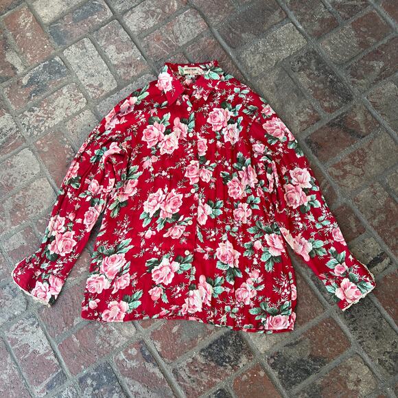 Vintage Guess Floral Rose Blouse Red Pink Long Sleeve Button Up Size L - Picture 1 of 3